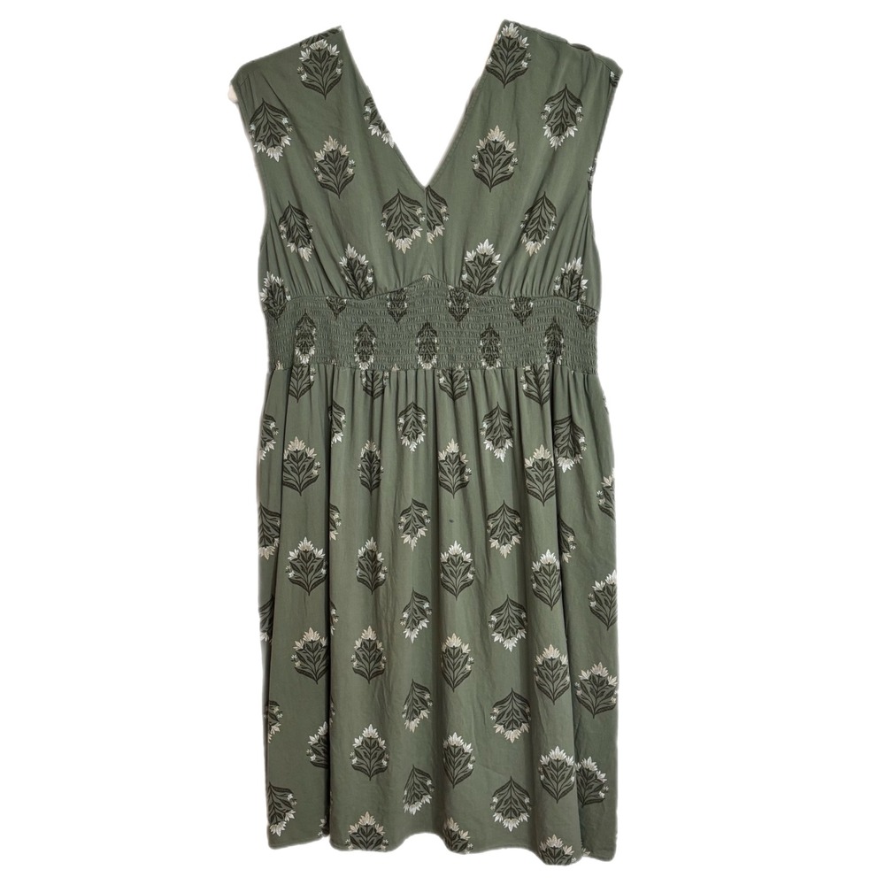Old Navy Midi Dress Womens XXL Green Pre-owned Smocked Waist Floral Pockets - Picture 2 of 10